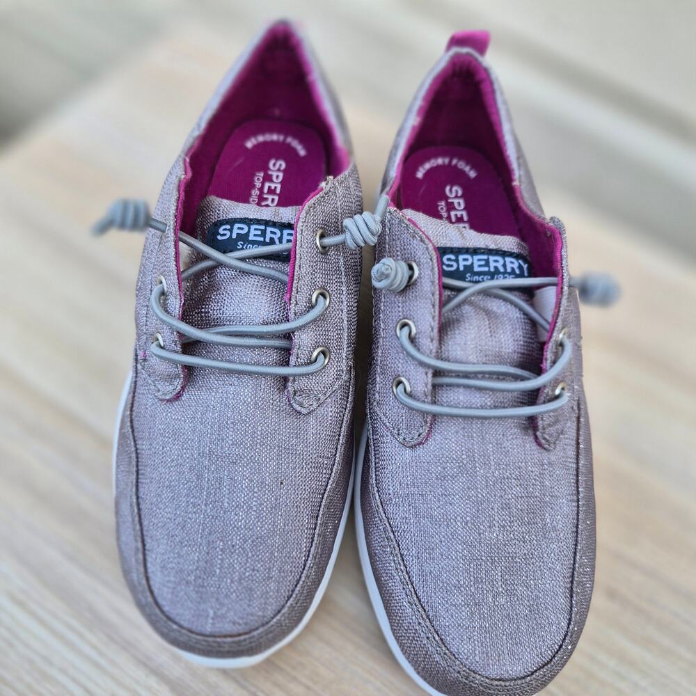 Sperry Kids‎ Baycoast Shimmer Linen Sneakers Grey Silver/Magenta - Sz Kids 2.5m